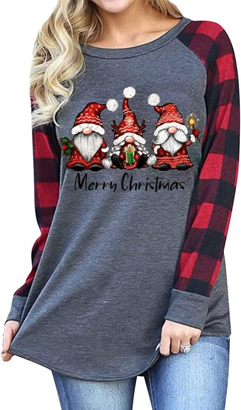 Women'S Christmas Gnome Shirt Xmas Buffalo Plaid Splicing Tshirt Long Sleeve Holiday Tops