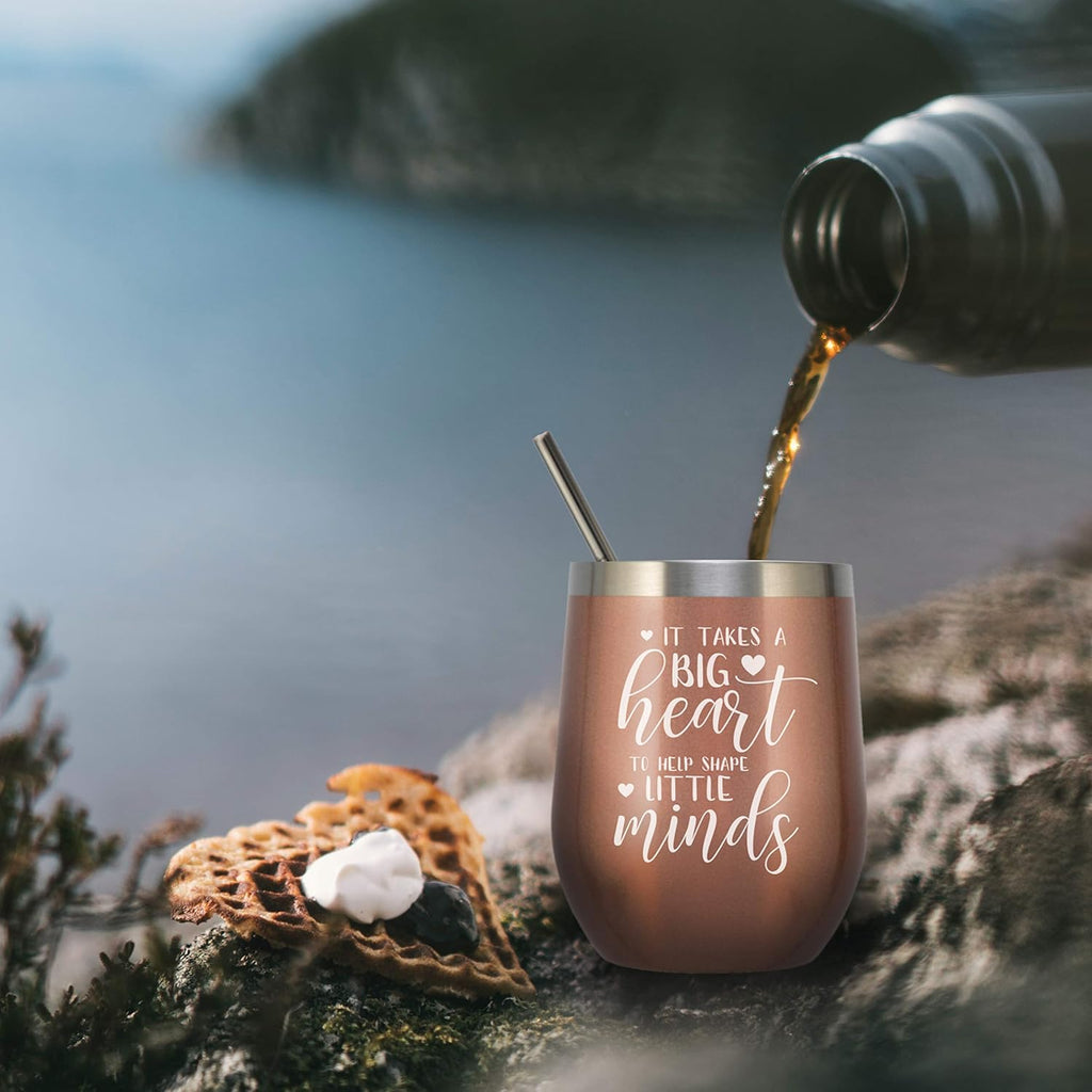 Teacher Tumbler Teacher Gifts for Women Birthday Valentines Graduation End of Year Christmas Appreciation Gifts Stainless Steel Wine Tumbler with Lid and Straw 12 OZ Rose Gold