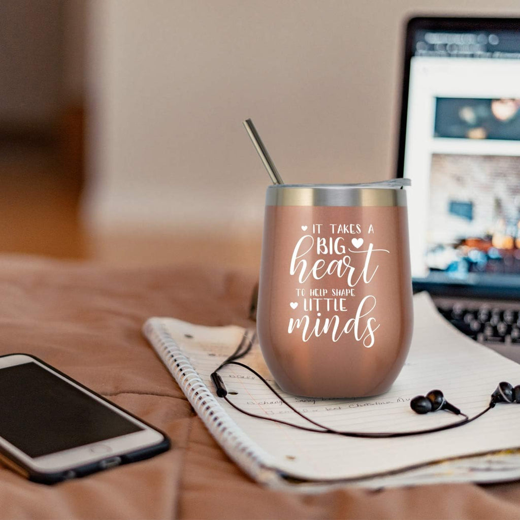 Teacher Tumbler Teacher Gifts for Women Birthday Valentines Graduation End of Year Christmas Appreciation Gifts Stainless Steel Wine Tumbler with Lid and Straw 12 OZ Rose Gold