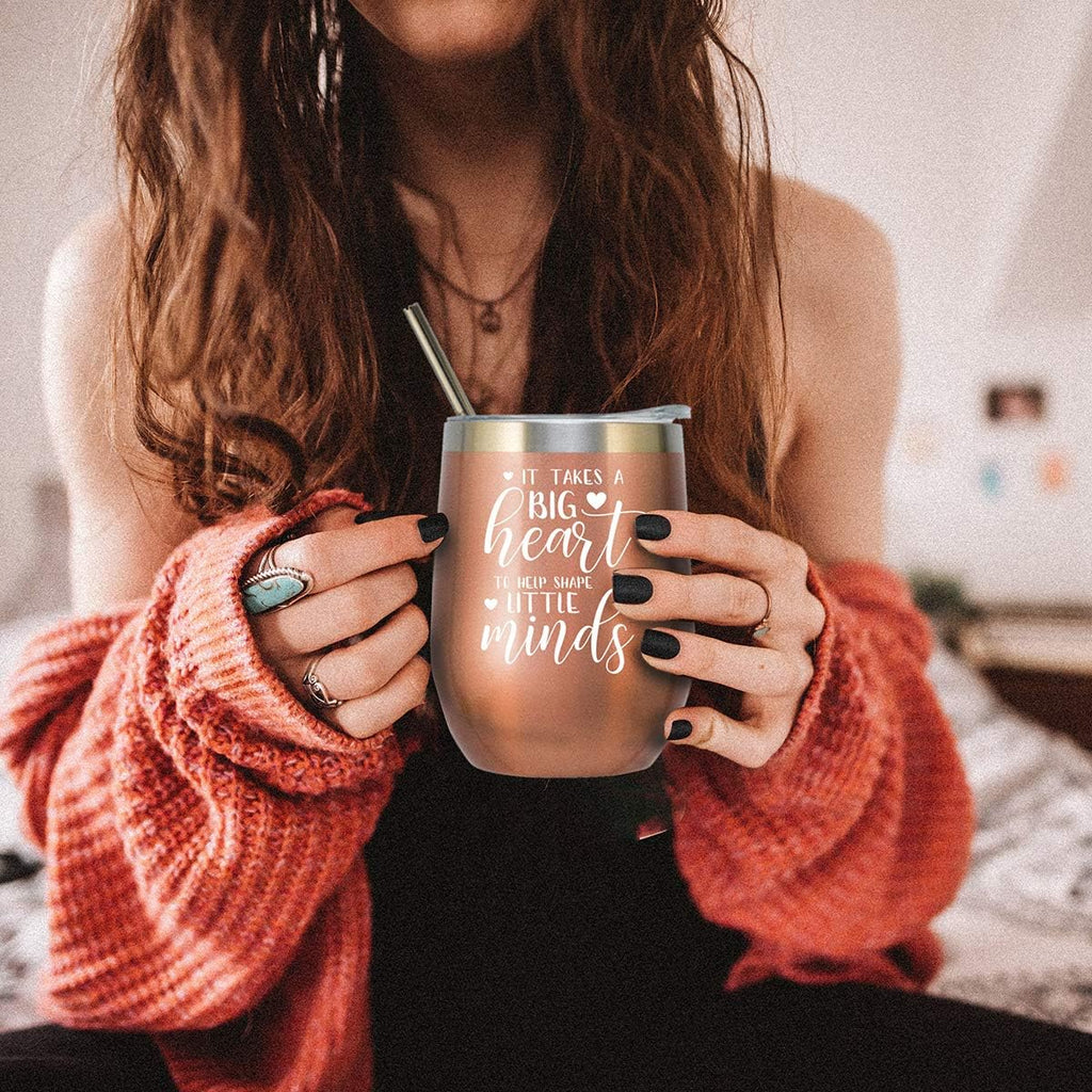 Teacher Tumbler Teacher Gifts for Women Birthday Valentines Graduation End of Year Christmas Appreciation Gifts Stainless Steel Wine Tumbler with Lid and Straw 12 OZ Rose Gold