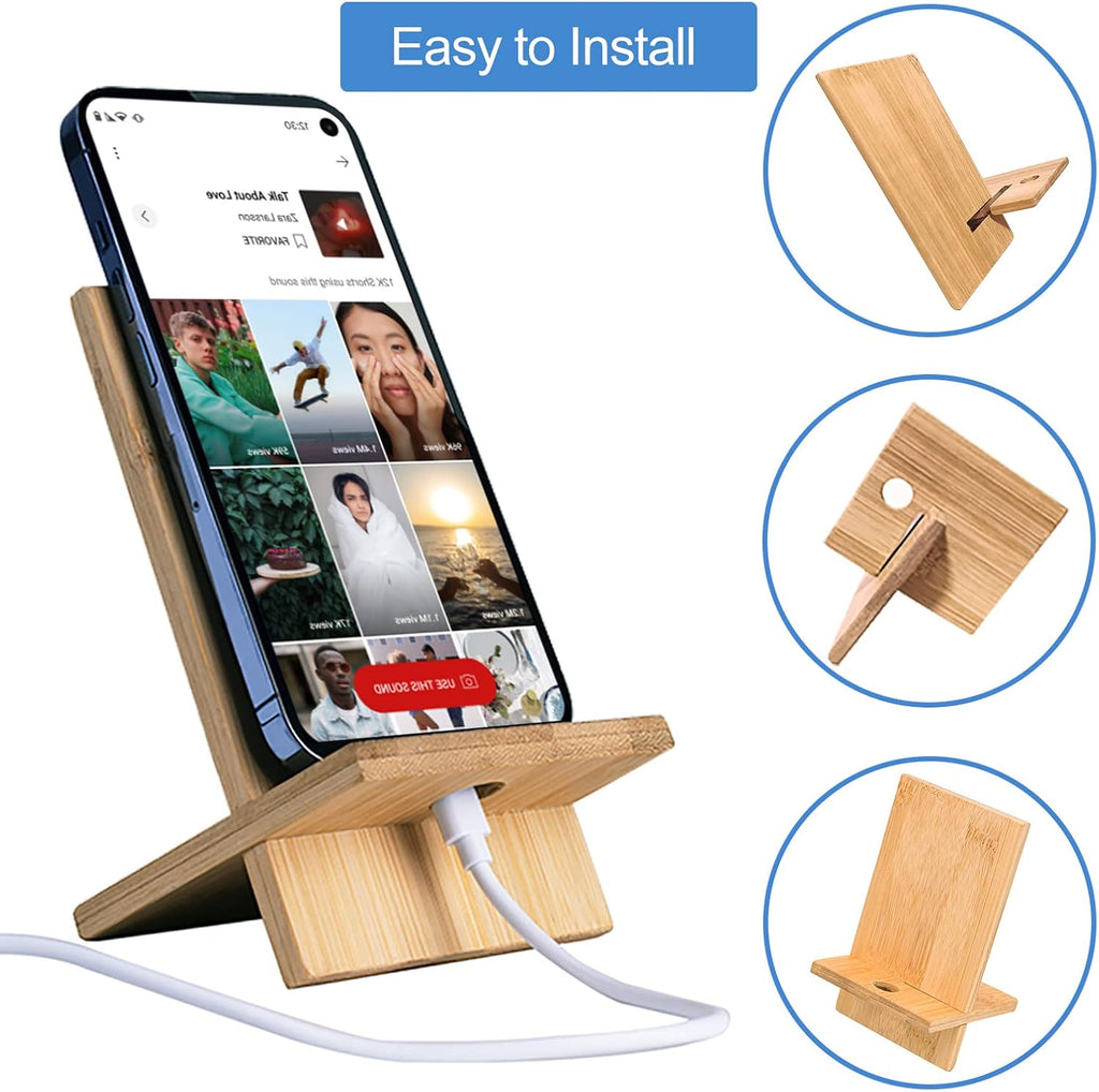 Bamboo Phone Stand Holder Adjustable Folding Phone Stand with Chargeable Hole for Desk